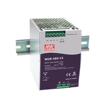 Icomtech AC/DC Industrial DIN rail power supply, Output 24VDC at 20A, metal case WDR-480-24